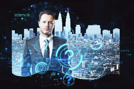 Attractive thoughtful young european businessman with abstract city hologram, question marks and...
