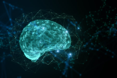 Abstract blue polygonal brain hologram on blurry backdrop. AI and machine learning concept. 3D...