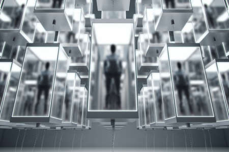 Abstract matrix room with hackers in incubators on blurry backdrop. Crime and cyberspace concept