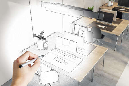 Hand drawn contemporary office interior plan. blueprint and workplace concept