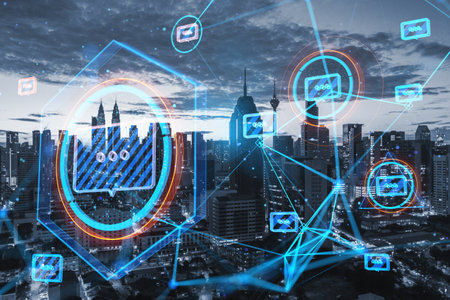 Creative glowing connected communication hologram on blurry city backdrop. Technology and wireless...