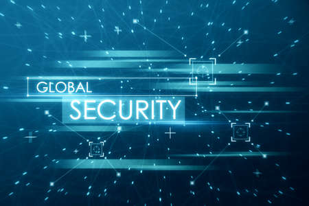 Creative blue global security and hackig wallpaper with polygonal dots and connections. Malware,...