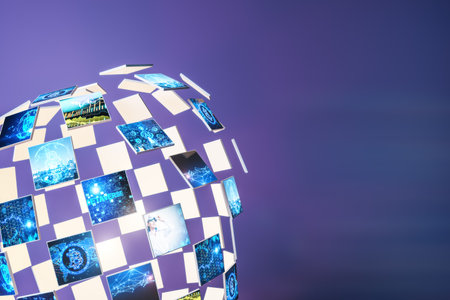 Abstract digital image gallery sphere with bitcoin and metaverse concepts on purple backdrop with...