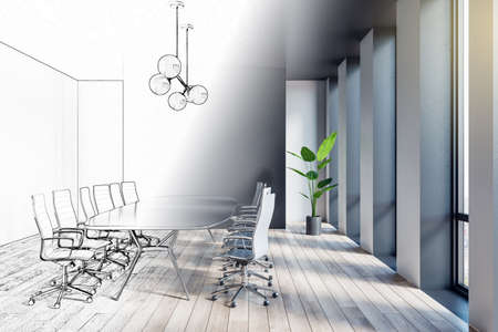 Creative hand drawn sketch of bright meeting room interior with furniture and panoramic city view....