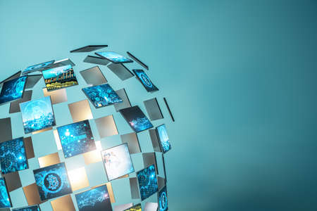 Abstract digital image gallery sphere with bitcoin and metaverse concepts on blue backdrop with mock...