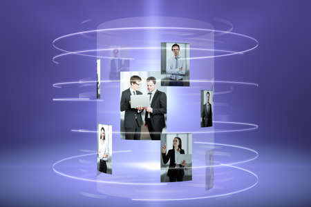 Creative digital cylinder picture hologram on blue background. Computer, innovation and media