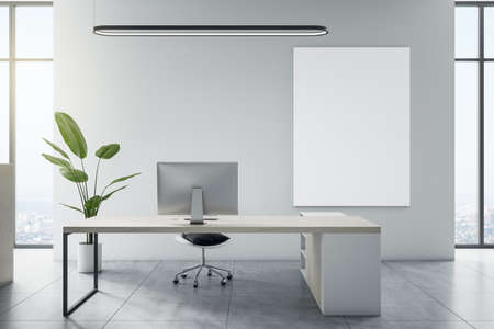 Modern white office interior with empty mock up banner, furniture and other objects. 3D Renderingの写真素材