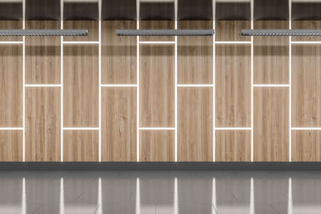 Modern wooden underground wall with illuminated lines. Gallery and hallway concept. 3D Renderingの写真素材