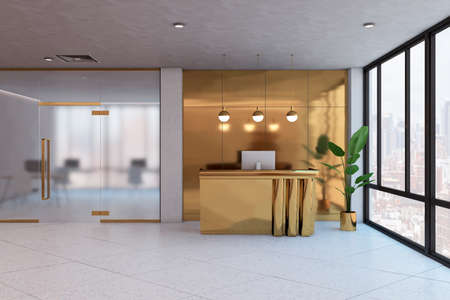 Modern lobby interior with window and city view, shiny golden reception desk, seating and decortaive...