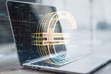 Close up of laptop with creative glowing golden tech euro icon hologram on blurry background....