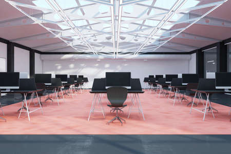 Contemporary industrial loft coworking office interior with glass ceiling window and city view. 3D Renderingの写真素材