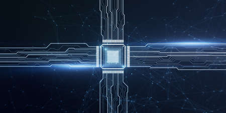 Creative glowing wide chip circuit hologram on dark background. CPU and metaverse concept. 3D...