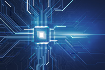 Abstract glowing chip circuit hologram on dark background. CPU and metaverse concept. 3D Rendering
