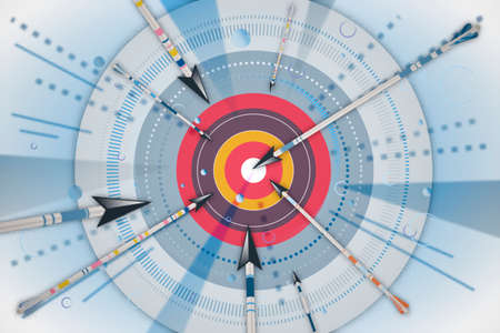 Bulls eye target with arrows on light texture. Targeting and aim concept. 3D Renderingの写真素材