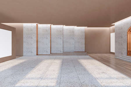 Bright wooden and marble illuminated gallery interior with empty white mock up banner and...
