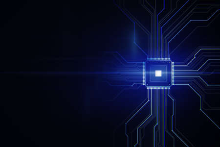 Creative glowing chip circuit hologram on dark backdrop with mock up place. CPU and metaverse...