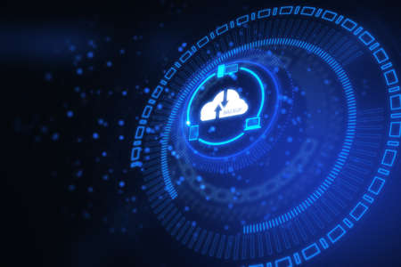 Creative glowing cloud hologram on blurry dark background. Cloud computing, big data backup concept....