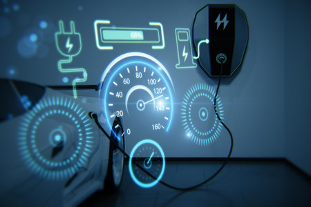 Creative electronic car dashboard interface hologram on blurry blue background. Automobile, charging...