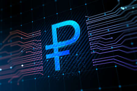 Creative glowing Russian ruble circuit hologram on dark backdrop. Digital money and online banking concept. 3D Renderingの写真素材