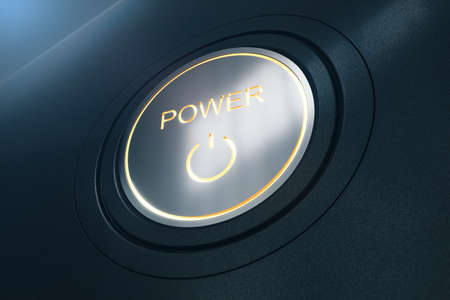 Creative shiny power button on dark background. 3D Renderingの写真素材