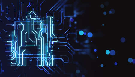 Creative house chip circuit hologram on dark background with blurry bokeh circles. Smart home, hardware and futuristic technology concept. 3D Renderingの写真素材