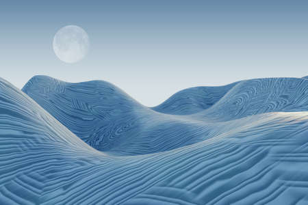 Abstract blue sand desert landscape background with moon or other planet. Nature concept and 3D...