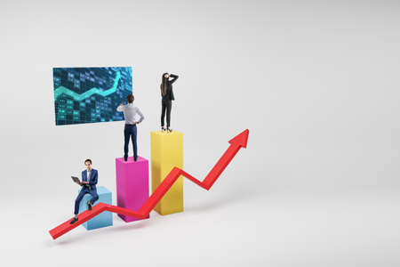 Businesspeople on abstract colorful business chart on white background with mock up place. Market research, finance and teamwork conceptの写真素材