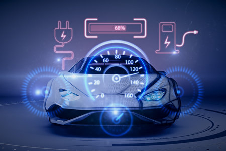 Abstract electronic car dashboard interface hologram on blurry blue background. Automobile, charging and futuristic technology concept. 3D Renderingの写真素材