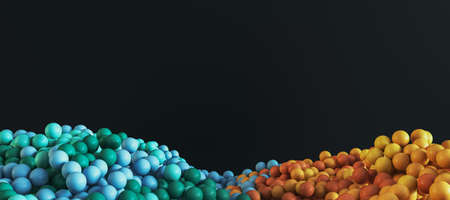 Abstract wide colorful bubbles on black backdrop with mock up place for text and advertisement. Design and banner concept. 3D Renderingの写真素材