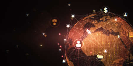 Creative glowing wide communication and network globe hologram on blurry dark backdrop. Worldwide networking and hud concept. 3D Renderingの写真素材