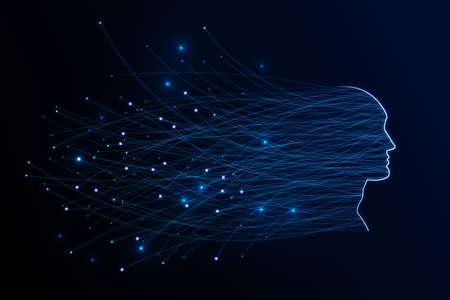 Abstract digital head outline with glowing lines and blurry bokeh circles on blue background. Technology, future, ai and machine learning concept. 3D Renderingの写真素材