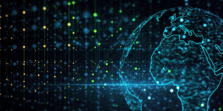 Creative glowing wide blue metaverse globe hologram with grid on blurry wallpaper. 3D Rendering