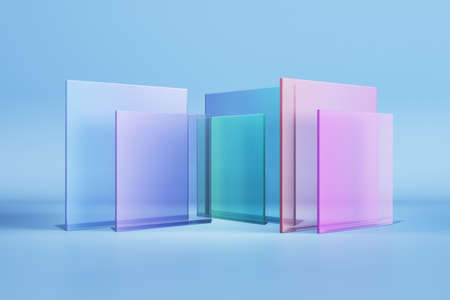 Abstract colorful square glass on blue background. Decor and design banner concept. 3D Renderingの写真素材