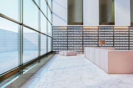 Contemporary library interior with tall bookshelves, panoramic windows, lounge area and shiny tile flooring. 3D Renderingの写真素材
