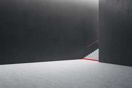 Modern dark concrete tile interior with stairs and mock up place on wall. School hallway and...