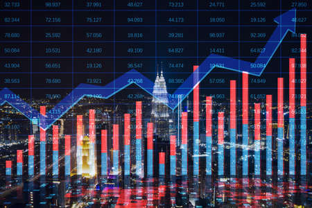 Creative growing financial forex chart with upward arrow on blurry night city background. Market,...