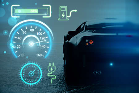 Glowing electronic car dashboard interface hologram on blurry blue background. Automobile, charging and futuristic technology concept. 3D Renderingの写真素材
