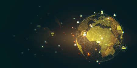 Creative glowing wide communication and network globe hologram on blurry dark background. Worldwide networking and hud concept. 3D Renderingの写真素材