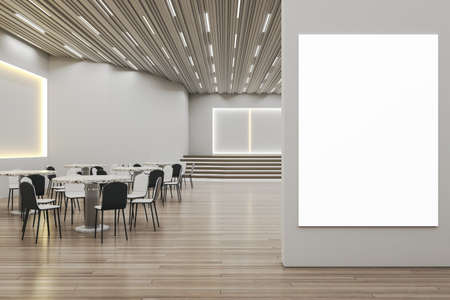 Modern wooden and concrete restaurant interior with dining area, stage and empty white mock up...