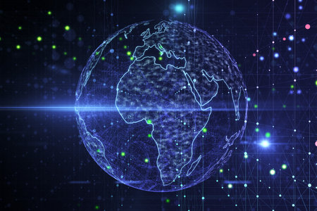 Creative glowing blue metaverse globe hologram with grid on blurry background. 3D Renderingの写真素材