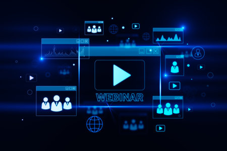 Glowing webinar hologram on blurry backdrop. Online education and technology concept. 3D Renderingの写真素材