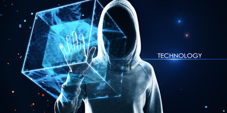 Hacker in hoodie using creative square polygonal technology hologram on blurry background. Geometry, hacking, big data and tech conceptの写真素材