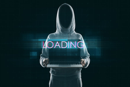 Hacker holding computer with abstract creative digital text hologram on dark background. Loading,...