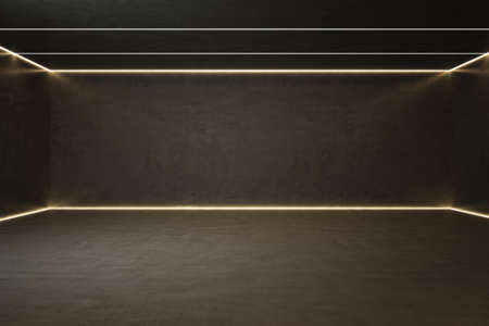 Modern minimalistic dark gray gallery interior with mock up place on wall. Museum and exhibition...