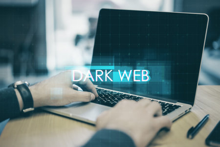 Close up of hands using laptop with creative digital text hologram on blurry background. Dark web, technology and ai conceptの写真素材