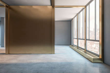 Contemporary dark concrete interior with mock up place on wall, window with city view. Gallery and exhibition concept. 3D Renderingの写真素材