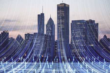 Abstract digital population hologram on creative city background. Cyber data and density concept. double exposureの写真素材