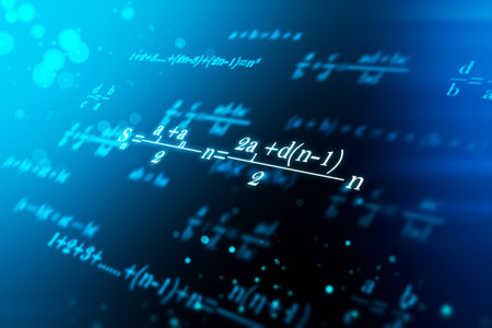 Glowing mathematical formulas on blue texture. Education, knowledge and statistics concept. 3D Renderingの写真素材