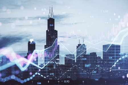 Abstract daytime city background with glowing candlestick forex chart with index and grid. Invest,...