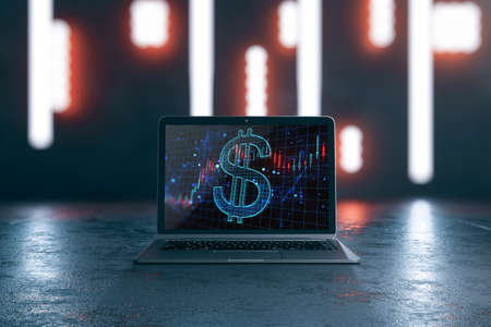 Close up of laptop with creative glowing dollar hologram and forex chart on screen, abstract illuminated gray workplace background. Money, trade, market, online banking app, currency and finance concept. 3D Renderingの写真素材